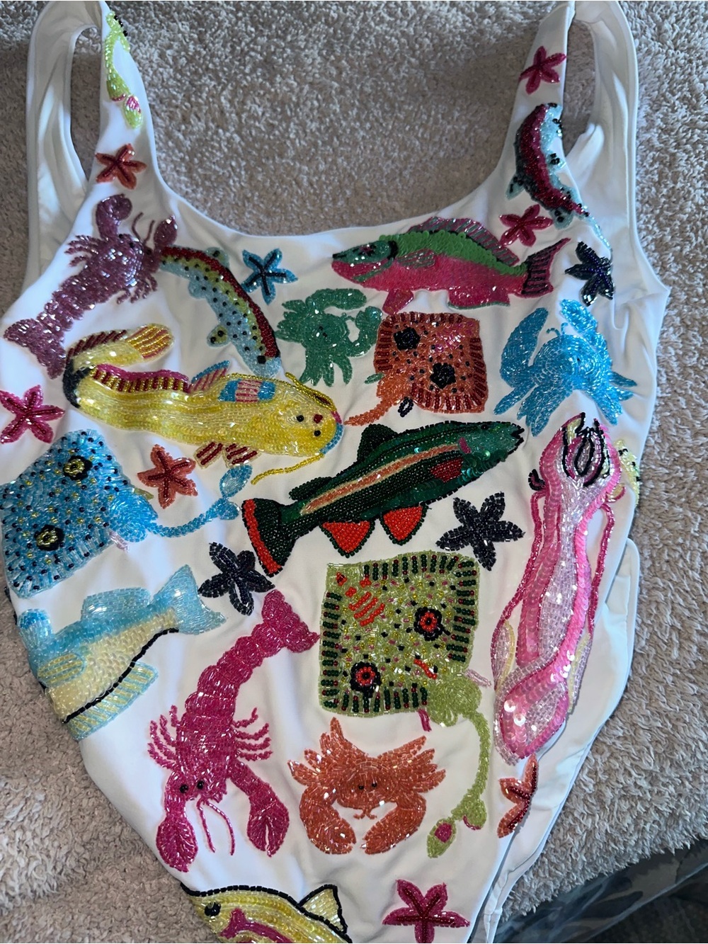 White One-Piece Swimsuit with Multicolor Sequin Sea Life Embroidery - Picture 3 of 3